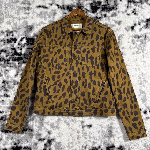 L'Agence Animal Celine Jean Jacket Womens Medium Brown Spotted Animal Moto - Picture 1 of 11